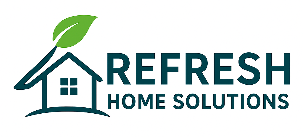 Logo for Refresh Home Solutions featuring a stylized house with a window and a green leaf sprouting from the roof, with the company name written beside it.