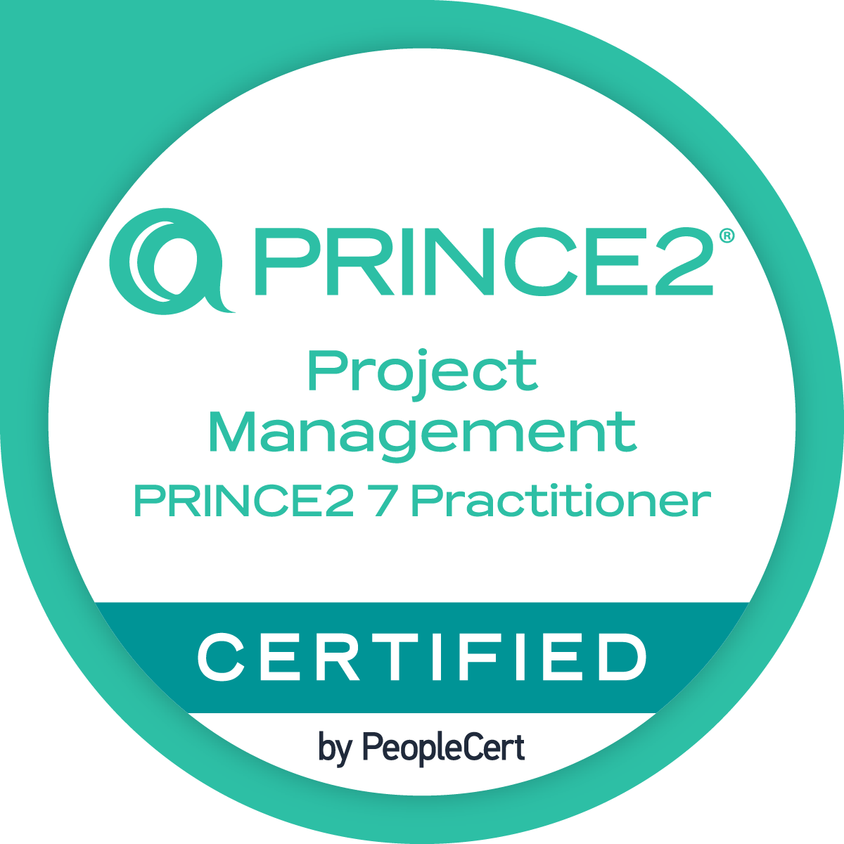 Certification badge for PRINCE2 Project Management, Practitioner level, issued by PeopleCert.