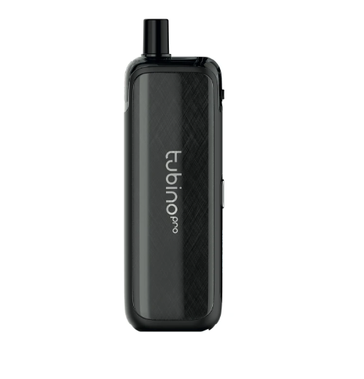 Pod di vaporizzatore elettronico o sigaretta elettronica di forma rettangolare nera con schermo e bocchino sulla parte superiore.