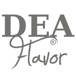 Logo con testo 'DEA Flavor' in stile semplice e moderno, con il nome 'DEA' in lettere grandi e 'Flavor' in corsivo più piccolo sotto.
