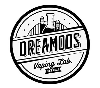 Logo circolare nero e bianco con elementi di laboratorio, come un becher e strutture di ingegneria, con scritto 'Dreamods Vaping Lab' e 'Est 2011'.