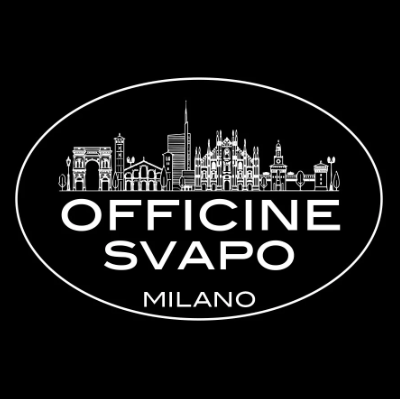 Logo nero con skyline di Milano e testo 'Officine Svapo Milano' all'interno di un ovale