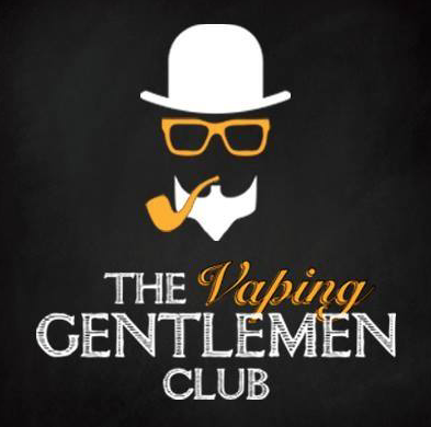 Logo nero con cappello bianco, occhiali gialli, pipa, barba e baffi bianchi, testo 'The Vaping Gentlemen Club' in bianco e giallo.