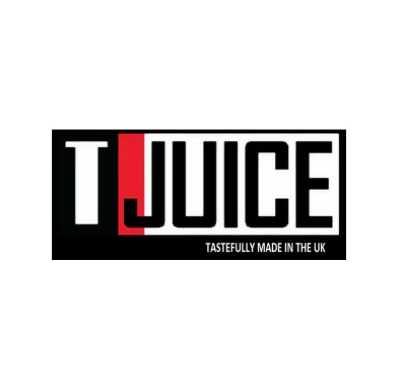 Logo di T-Juice con sfondo nero e testo bianco, con la lettera J rossa, e la frase "Tastefully Made in the UK".