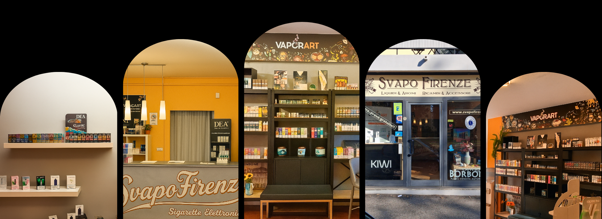 Interni ed esterni del negozio Svapo Firenze con scaffali di liquidi, aromi, dispositivi e accessori per sigarette elettroniche.