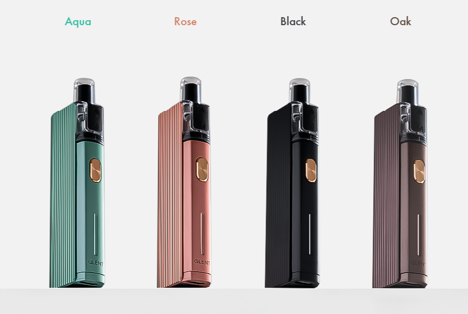 Sigarette elettroniche Justfog Glent nei colori Aqua, Rose, Black e Oak – pod mod compatta disponibile da Svapo Firenze, negozio sigarette elettroniche a Firenze.