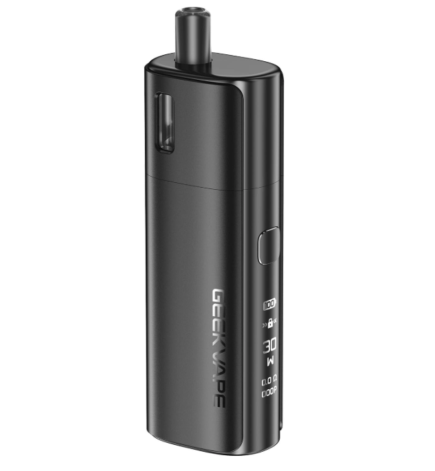 Vape in nero con display digitale e bocchino.