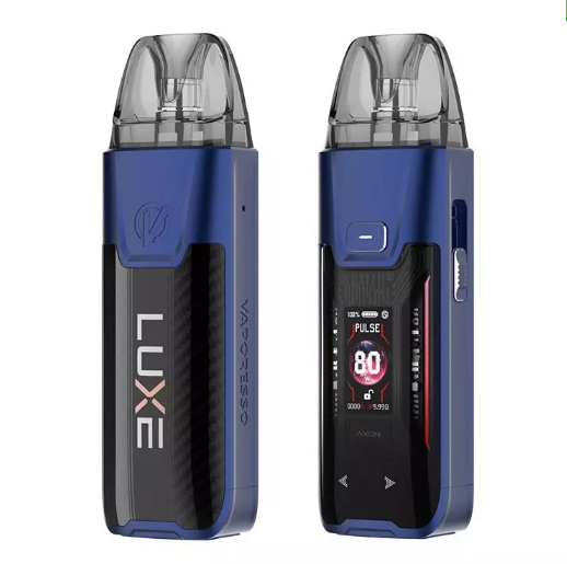 Dispositivo vaping con schermo digitale, bottiglia di liquido e design blu e nero.