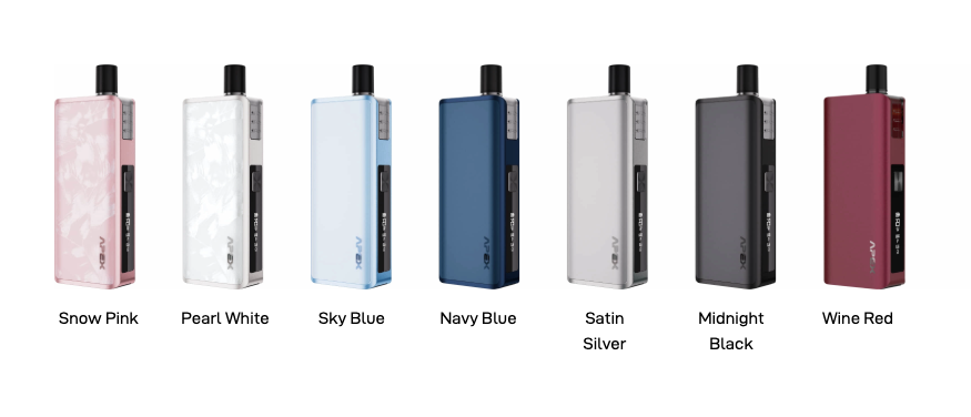 Set di sei dispositivi elettronici portatili rettangolari con diverse colorazioni: Snow Pink, Pearl White, Sky Blue, Navy Blue, Satin Silver, Midnight Black e Wine Red.