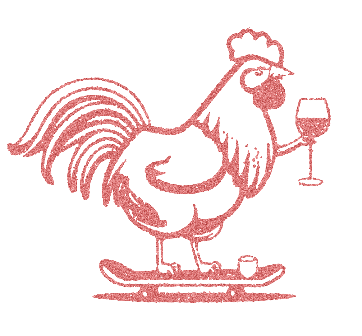 A line drawing of a rooster wearing a chef's hat, holding a glass of wine in one wing, standing on a skateboard with a small bowl or cup nearby.