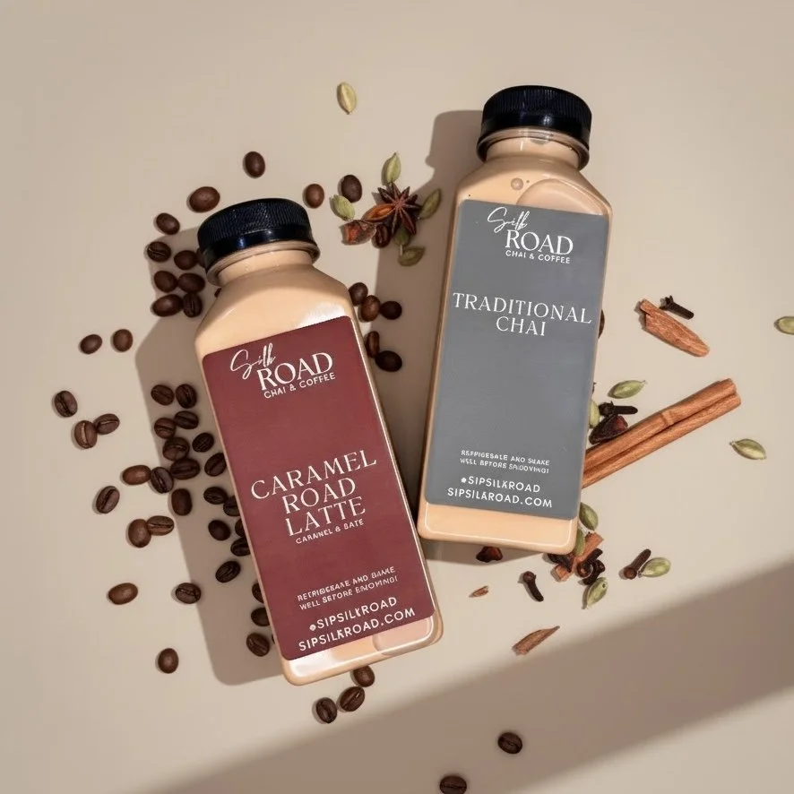 Two bottles of flavored chai drinks from Silk Road chai and coffee. One is caramel latte and the other is traditional chai. The bottles are surrounded by coffee beans, star anise, cinnamon sticks, and cardamom pods on a beige background.