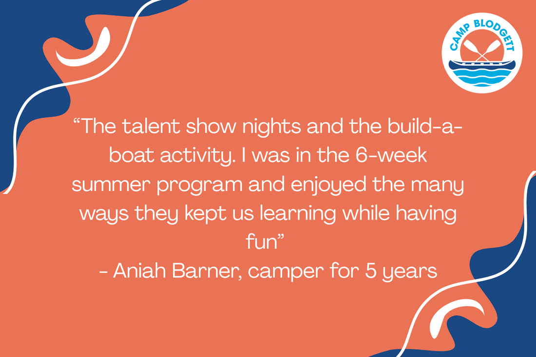 Quote about summer camp activities from camper Aniah Barner, with Camp Blodgett logo featuring paddle boats and water waves in the top right corner.