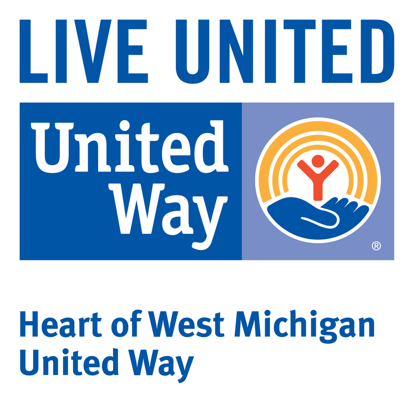 United Way logo with the text "LIVE UNITED" and "United Way" alongside a circular emblem featuring a red human figure with arms raised inside an orange rainbow over a blue hand, with the additional text "Heart of West Michigan United Way".
