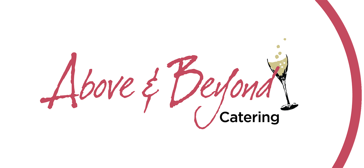 Logo for Above & Beyond Catering with cursive pink text and a wine glass illustration