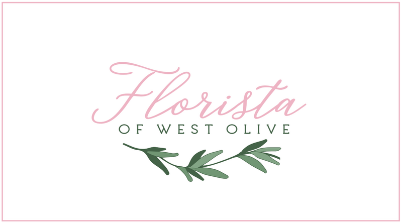 Logo for Florista of West Olive with pink cursive text and green olive branch illustration