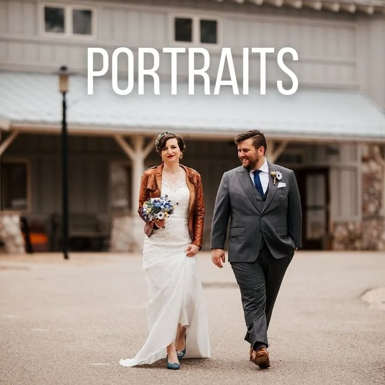 A bride and groom walking outdoors in front of a rustic building, with the word "PORTRAITS" overlayed at the top of the image.