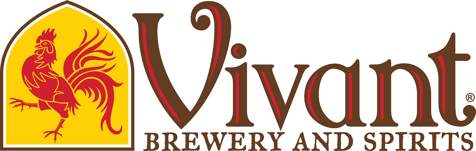 Vivint Brewery and Spirits logo with a red rooster inside a yellow shield and brown stylized text.