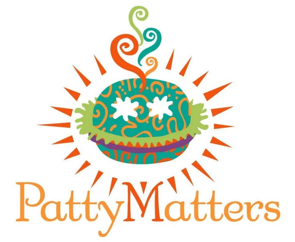 Colorful logo with a smiling abstract pumpkin with star-shaped eyes, surrounded by orange rays and green accents, with the text "PattyMatters" below.