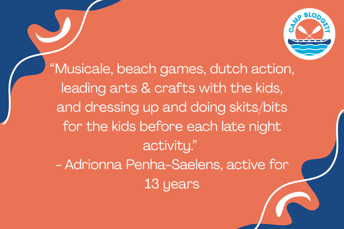 A quote about camp activities on an orange and blue background, with a camp logo in the top right corner.
