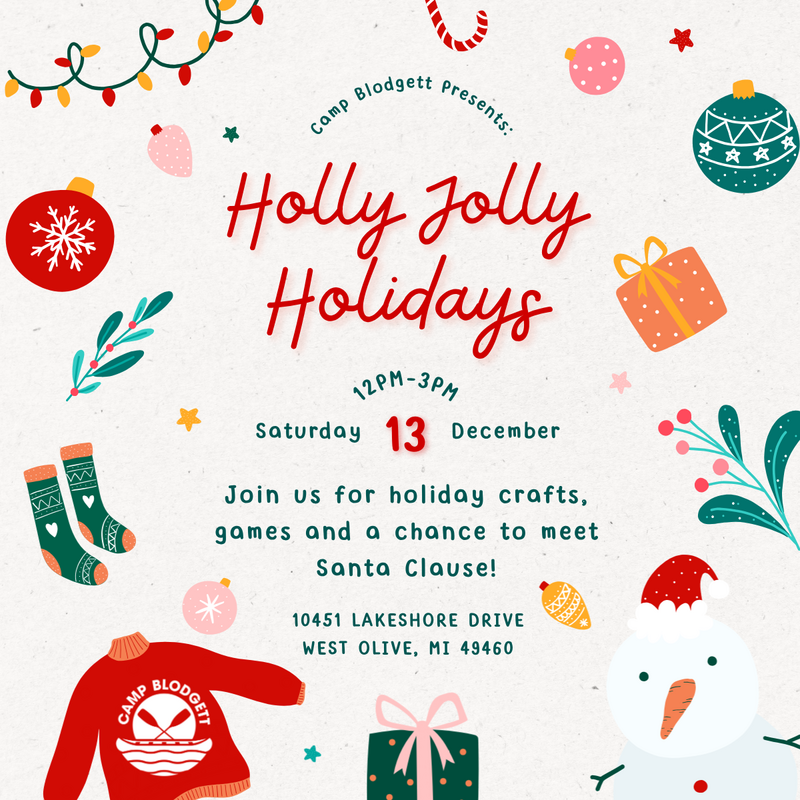 Holiday-themed event flyer with Christmas decorations, including ornaments, wrapped gifts, stockings, a snowman, and festive foliage, advertising the 'Holly Jolly Holidays' event on December 13 from 12 PM to 3 PM at Lakeshore Drive, West Olive, MI.