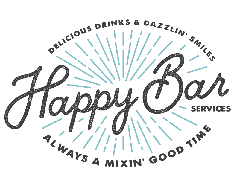 Logo for Happy Bar with text saying 'Delicious drinks & dazzling smiles', 'Services', and 'Always a mixin' good time', featuring a stylized radiating burst design.