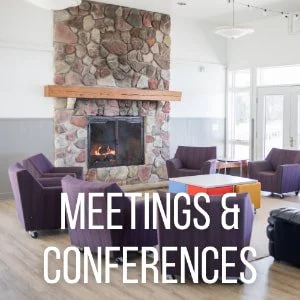 Modern living room with purple armchairs and a stone fireplace with a wooden mantel.