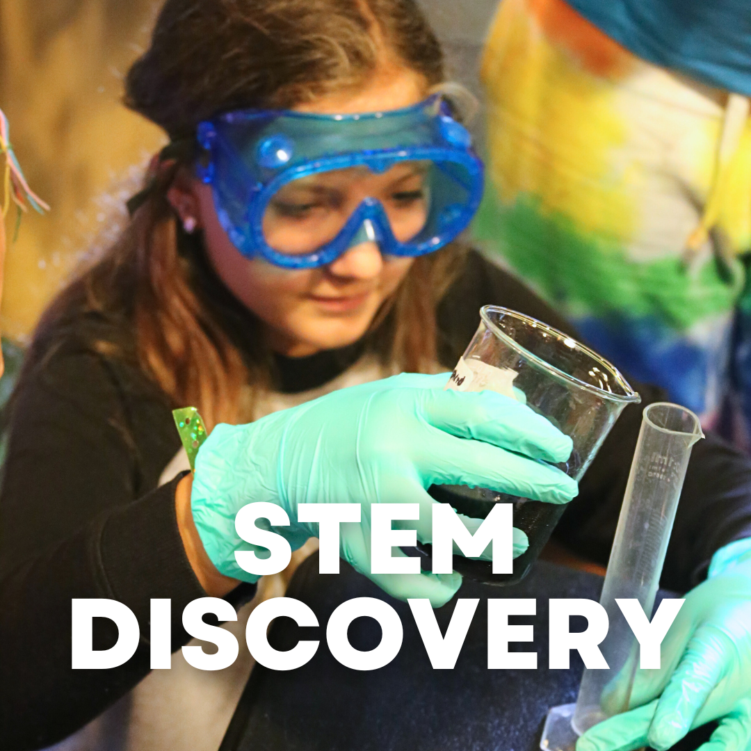 Girl conducting a science experiment, wearing safety goggles and gloves, holding a beaker of dark liquid, with test tubes and colorful background.