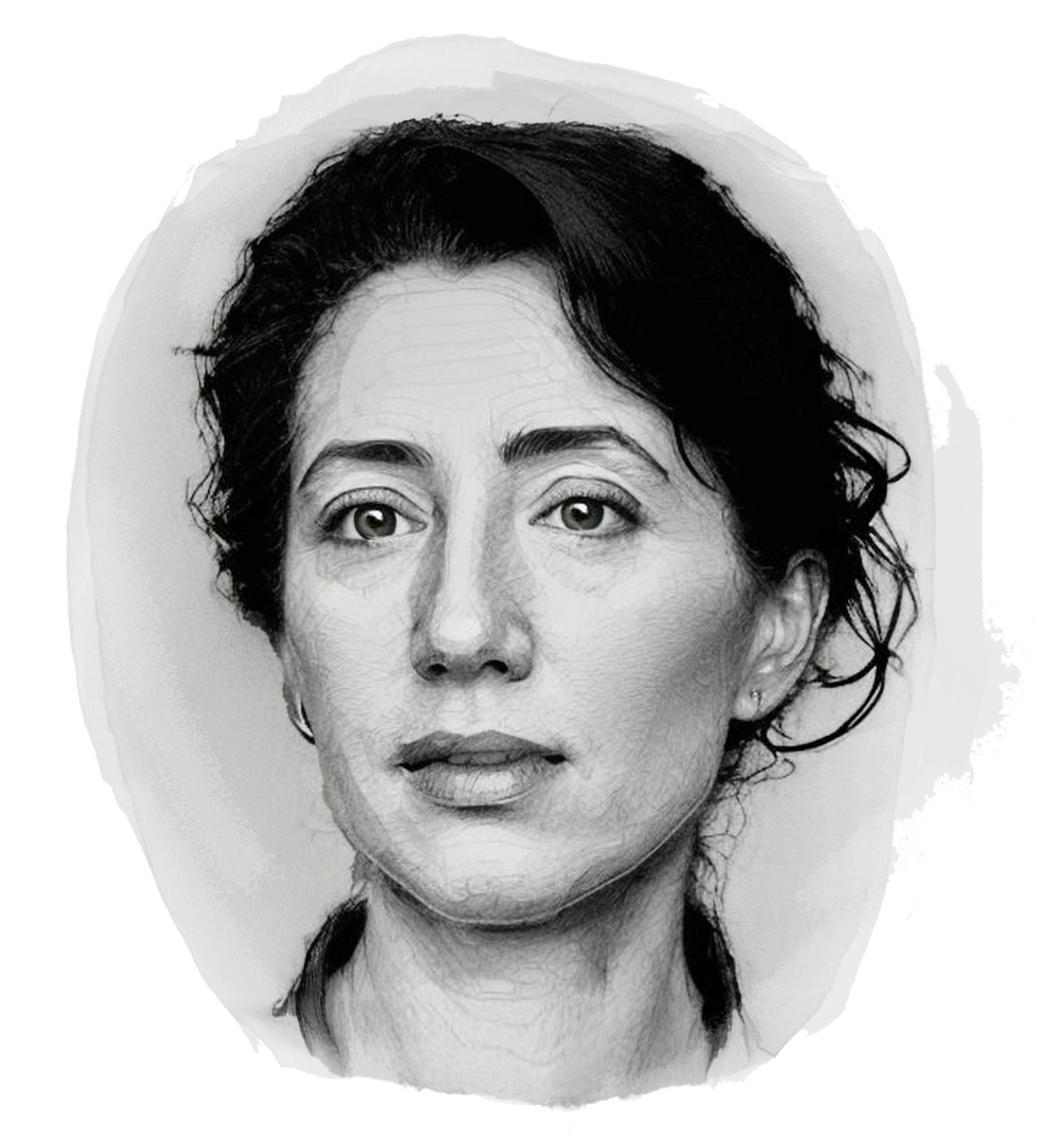 A black-and-white sketch of Olivia Fox Cabane with dark, wavy hair, wearing earrings.