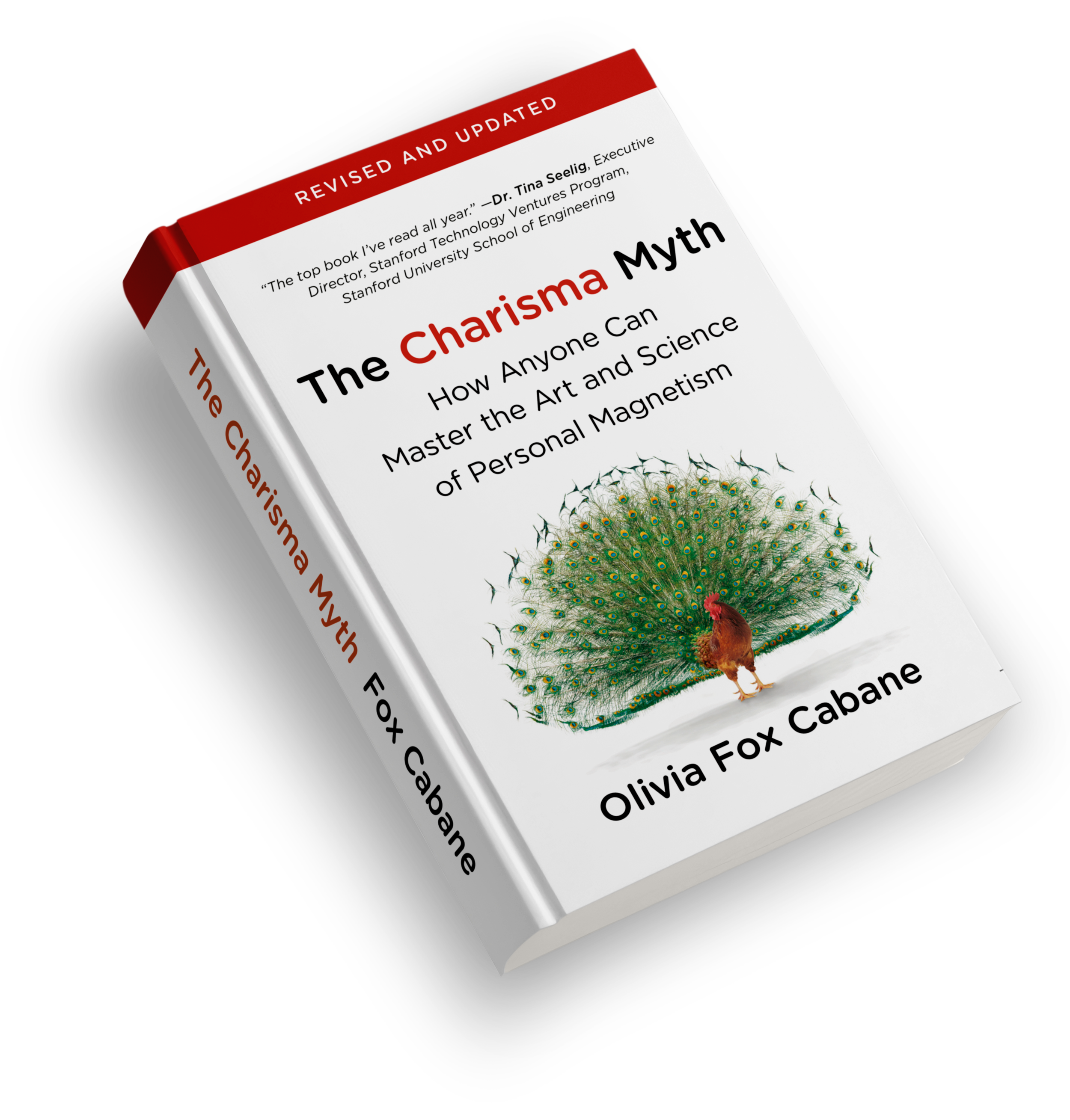 Book titled 'The Charisma Myth' by Olivia Fox Cabane with a peacock displaying its feathers on the cover