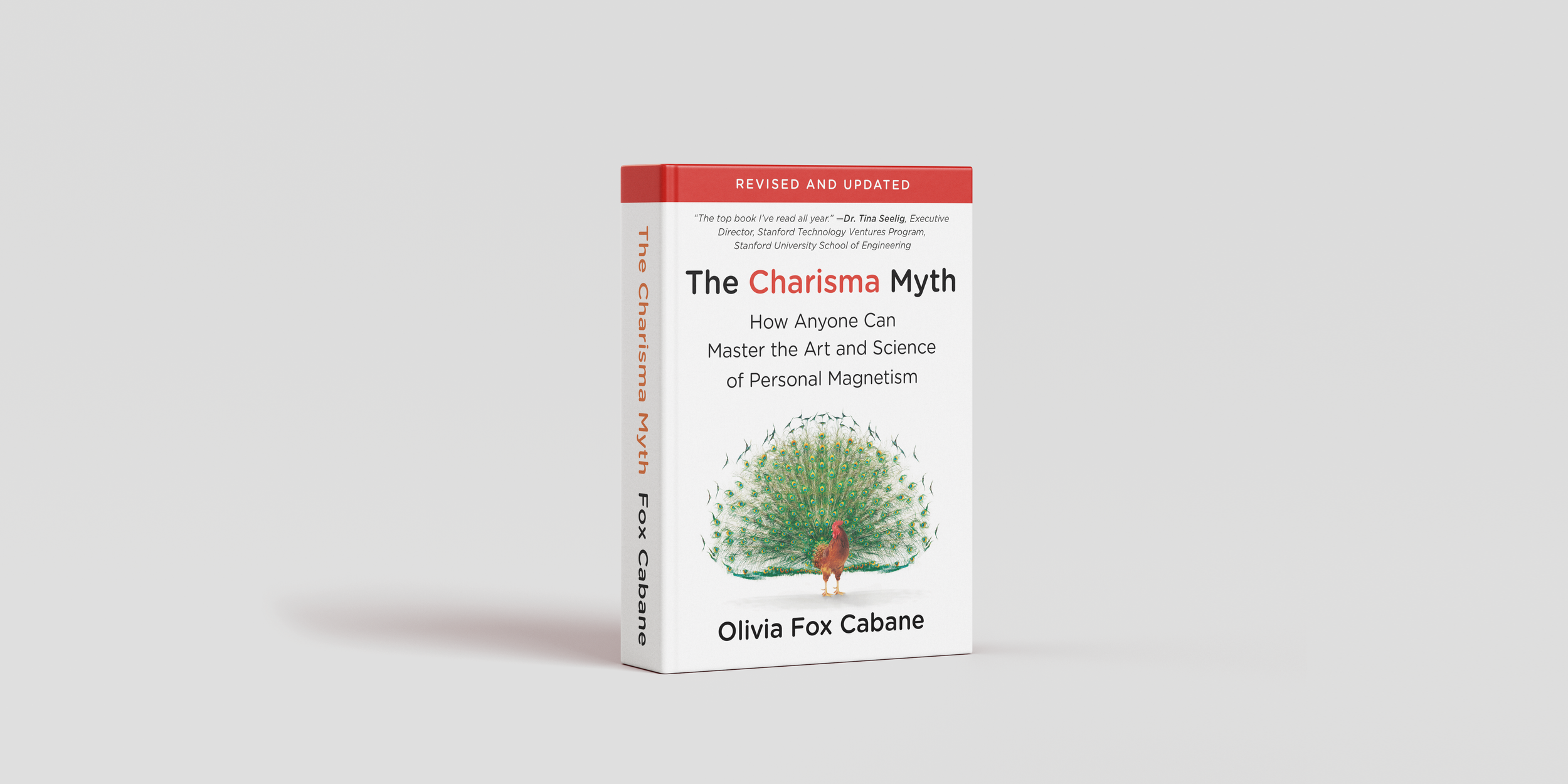 A book titled "The Charisma Myth" by Olivia Fox Cabane, with a peacock displaying its feathers on the cover, centered on a plain background.