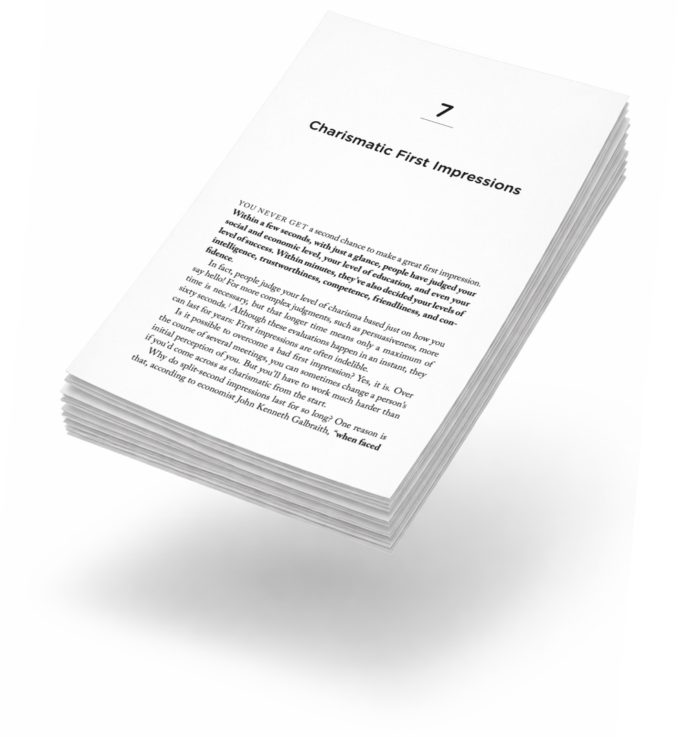 A stack of white paper with printed text, the top sheet titled '7 Charismatic First Impressions' in a large font, with the text below discussing the importance of first impressions and charisma.