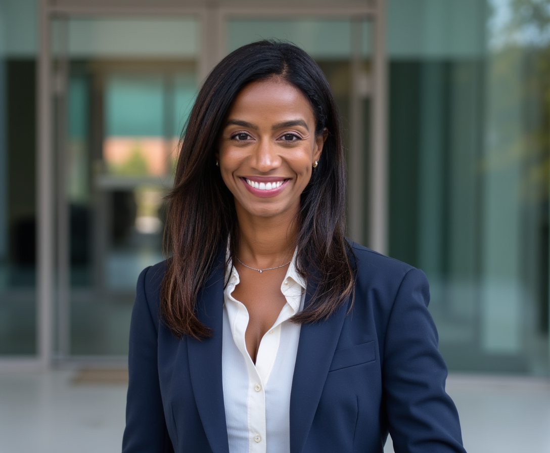 A smiling woman in a navy blazer and white blouse standing outside a building with glass doors and windows.
