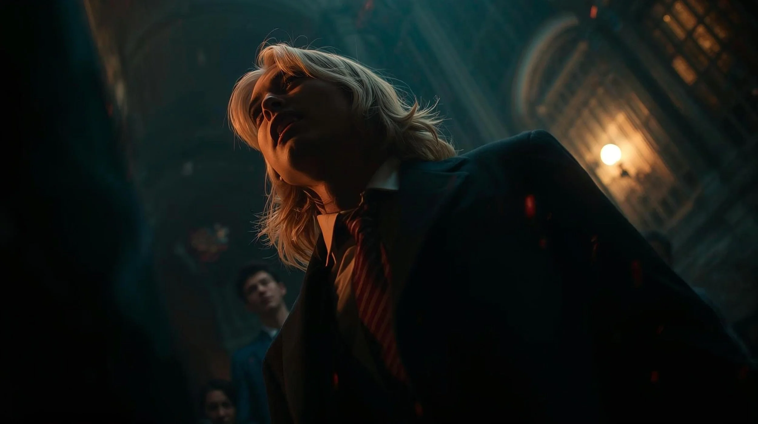 A woman with blonde hair in a dark setting, possibly a nightclub or underground space, looking upward with an intense expression, with a man in the background.