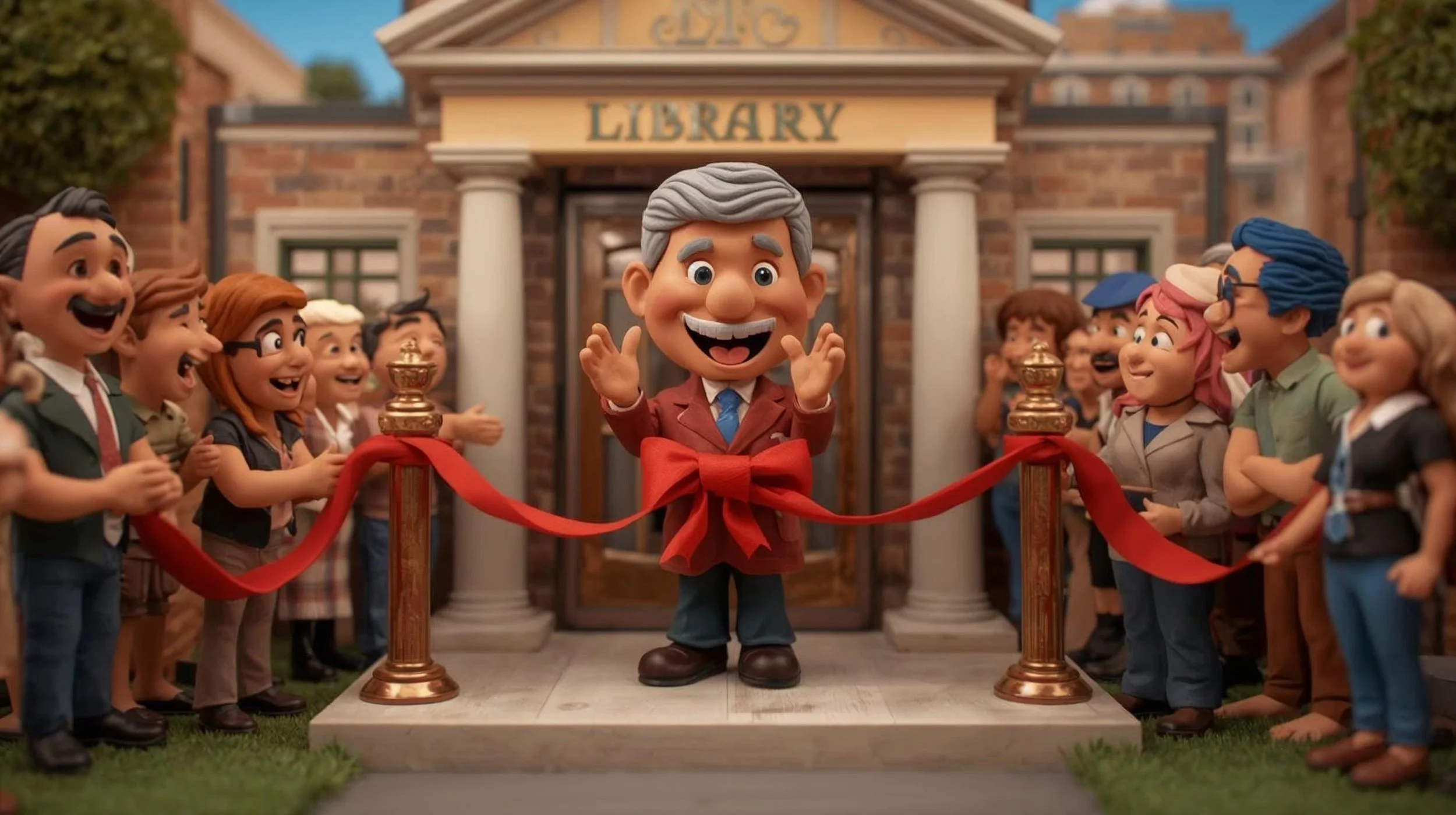 A group of animated characters gathered outside a brick library building with white columns, celebrating a ribbon-cutting ceremony with a red ribbon and gold ornaments.