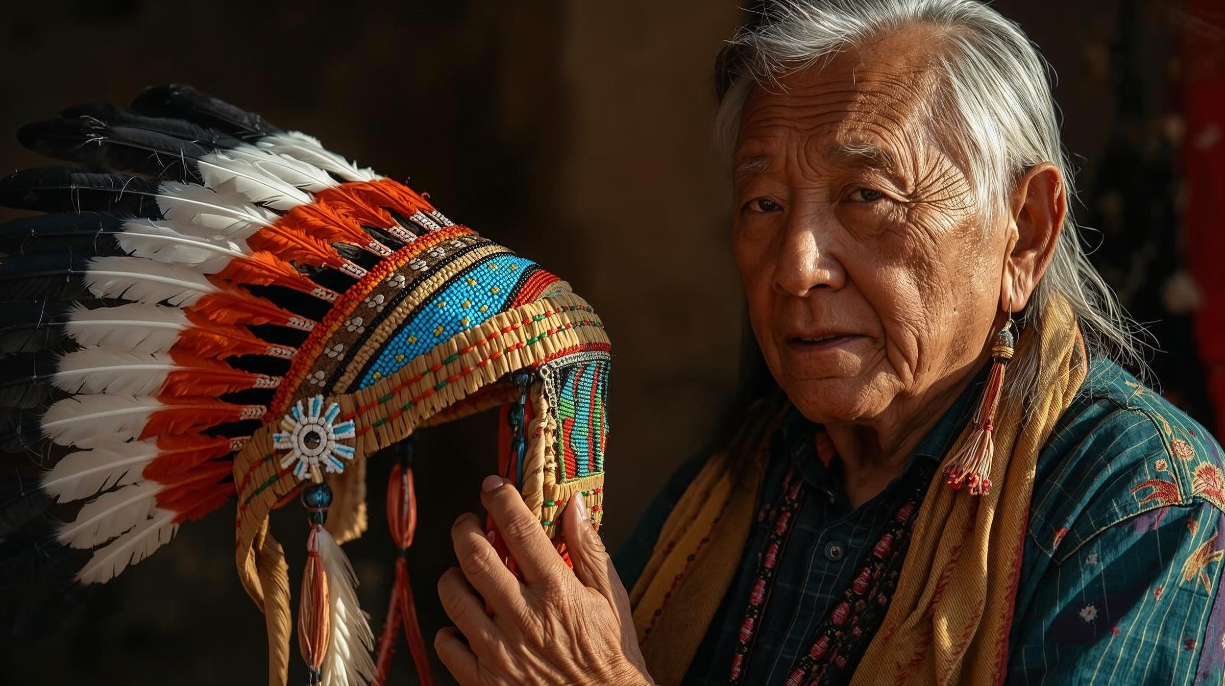 An elderly Native American woman holding a colorful feathered headdress with black, white, and orange feathers.