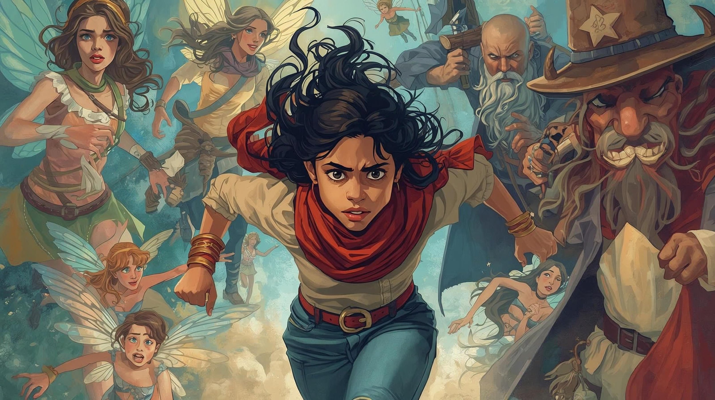 A group of fantasy characters running forward, including a young woman with black curly hair and a red scarf in the center, fairy-like children with wings, an older man with a white beard and a serious expression, a large witch with a hat, and a small fairy girl with wings, all in a vibrant, animated style.