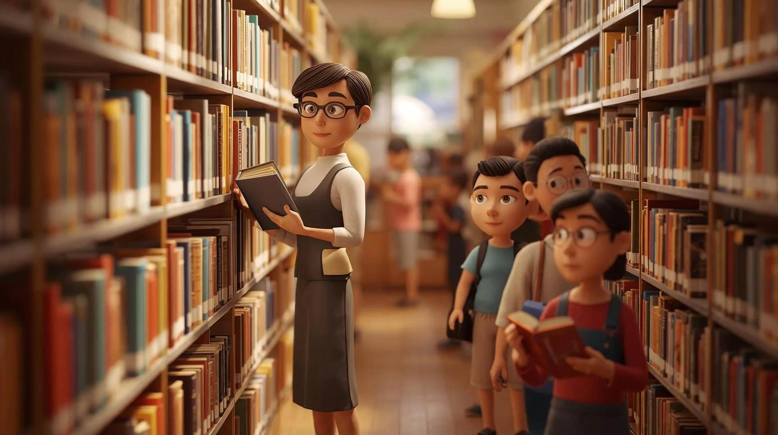 Animated scene in a library with a female librarian and four children looking at books on the shelves.