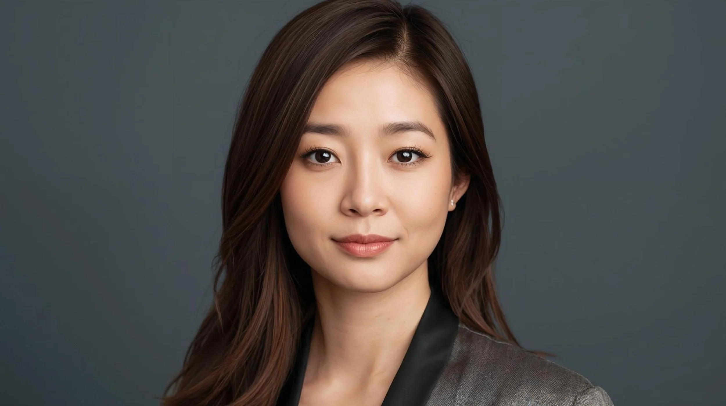 A portrait of a woman with long brown hair, wearing a gray blazer with a black collar, against a dark gray background.