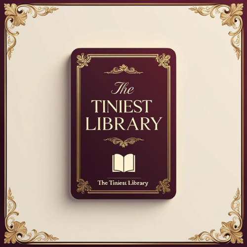 A maroon book titled "The Tiniest Library" with gold decorative borders and an open book icon, mounted on a beige wall with ornate gold corner accents.