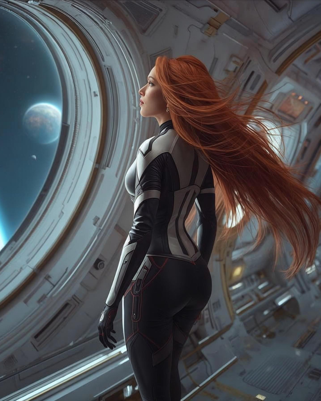 A woman with long red hair and a futuristic black and white bodysuit looking out a spaceship window at Earth.