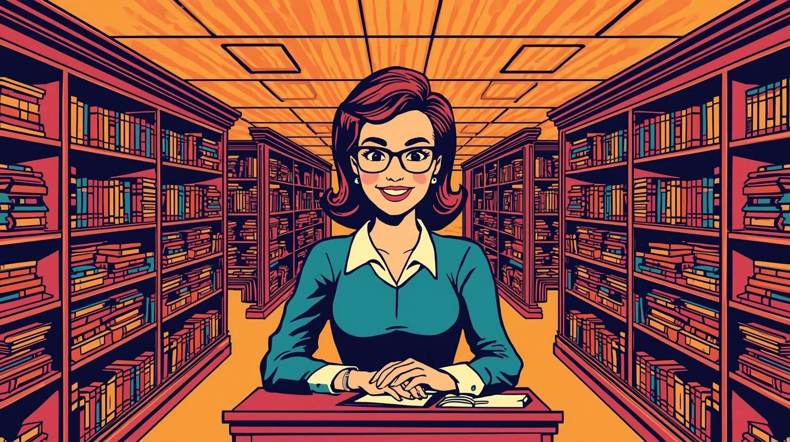 An illustration of a woman with glasses and brown hair sitting at a desk in a library filled with bookshelves.