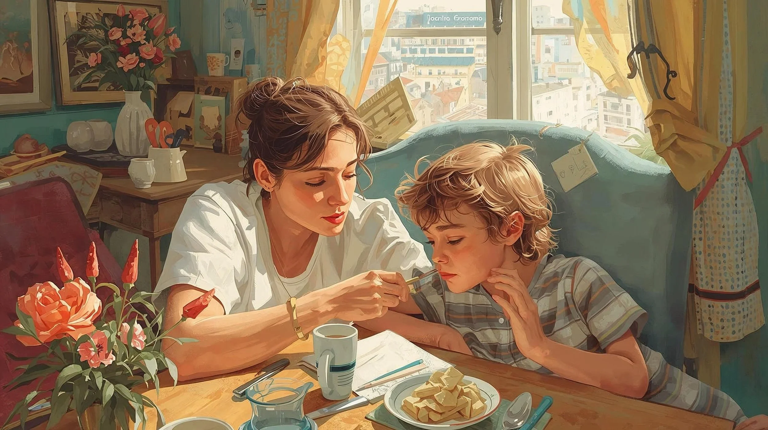 A woman checks a young boy's throat with a flashlight in a sunlit kitchen or dining area. The table has a plate of cookies, a mug, a notebook, and utensils. There are flowers on the table and various decorations and artwork in the background.