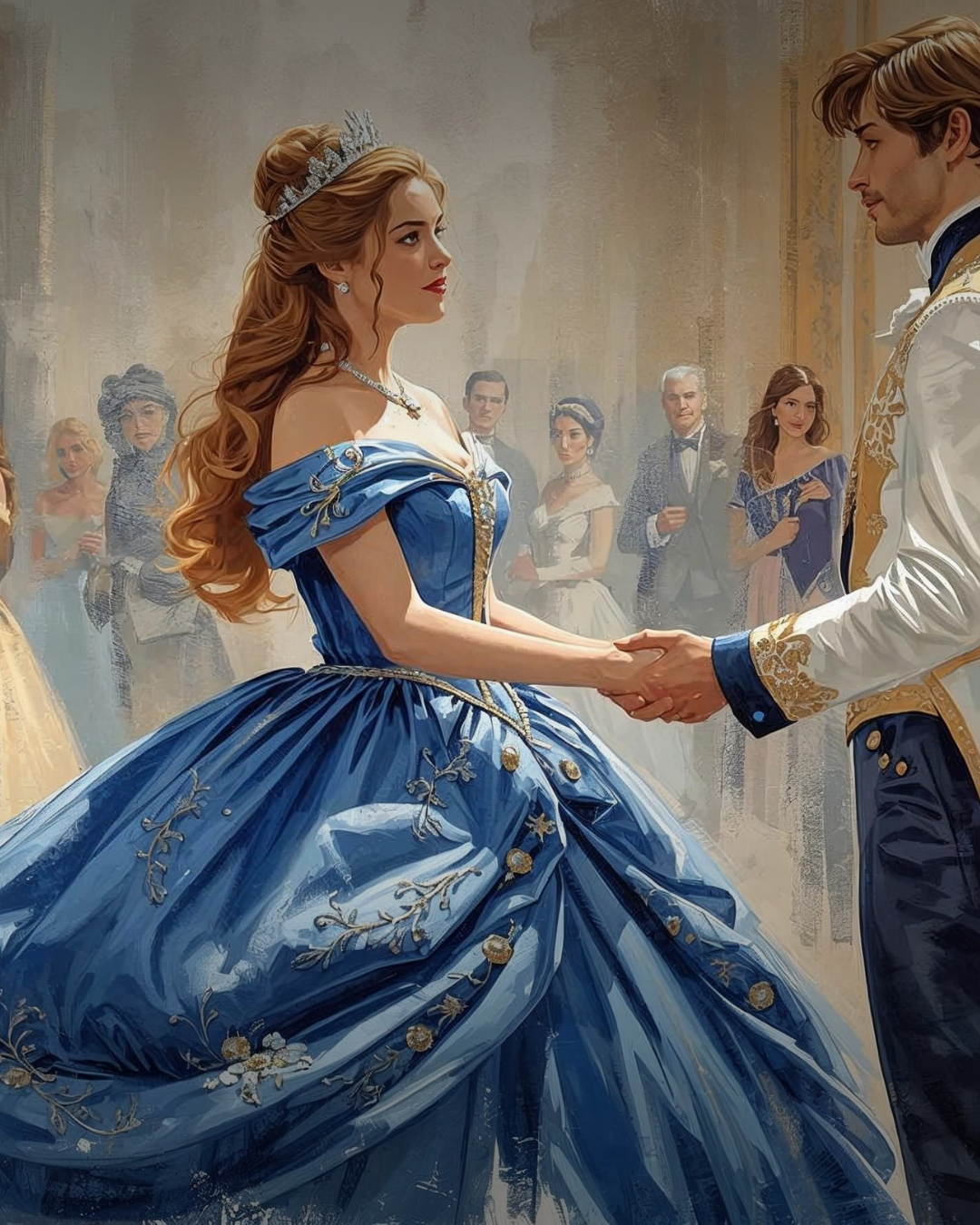 Painting of a royal wedding scene with a woman in a large blue gown and tiara holding hands with a man in a white and gold jacket. Several elegantly dressed people observe in the background.