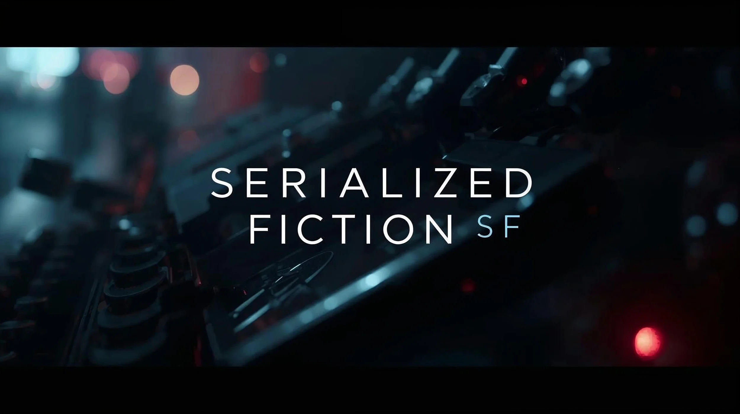 Dark, futuristic scene with electronic or mechanical components and the words 'Serialized Fiction SF' overlaid.
