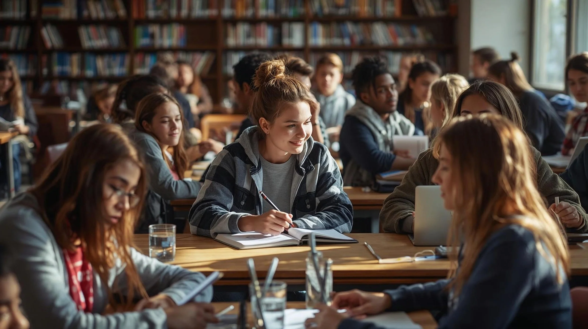A classroom filled with students engaged in learning, sitting at wooden desks with notebooks, laptops, and glasses of water, with bookshelves in the background and sunlight coming through large windows.