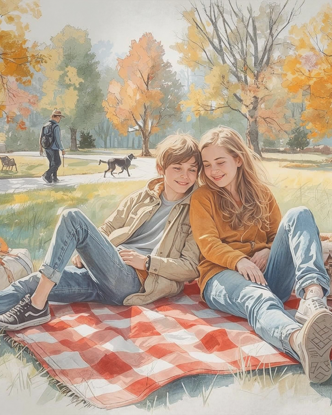 A watercolor illustration of two children, a boy and a girl, sitting on a red checkered picnic blanket in a park with autumn trees, a man walking a dog in the background, and park benches.