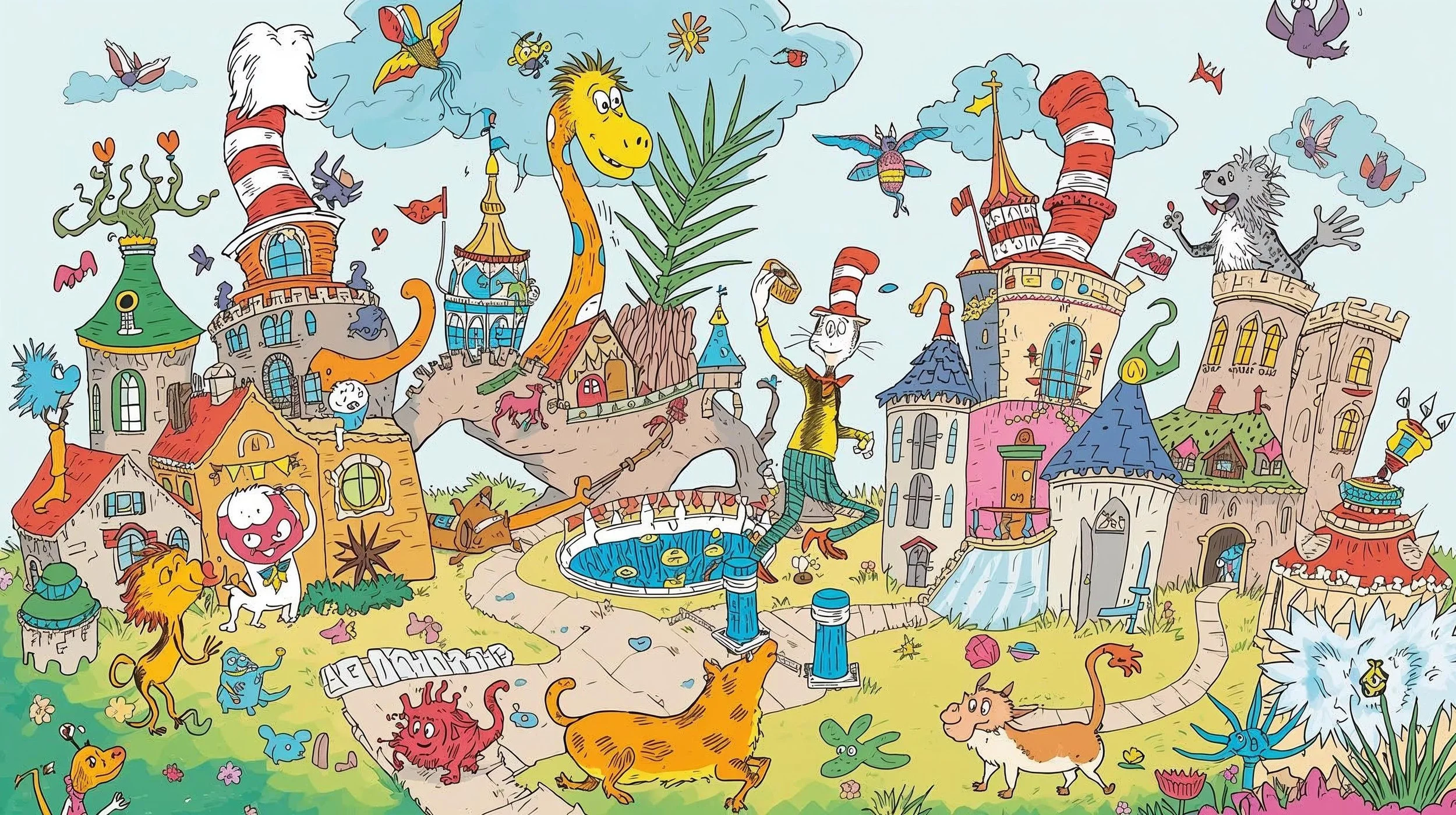 Colorful cartoon fantasy scene with whimsical castle, various playful animals, and characters, including a lion, cat, dog, and dragon, among castles, trees, clouds, and flying creatures.