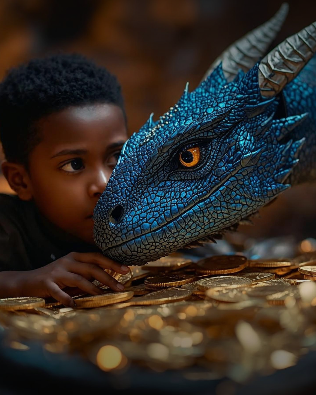 A young boy with dark curly hair and brown eyes laying on the ground, closely observing a large blue dragon sculpture with detailed scales and orange eyes, surrounded by scattered gold coins.