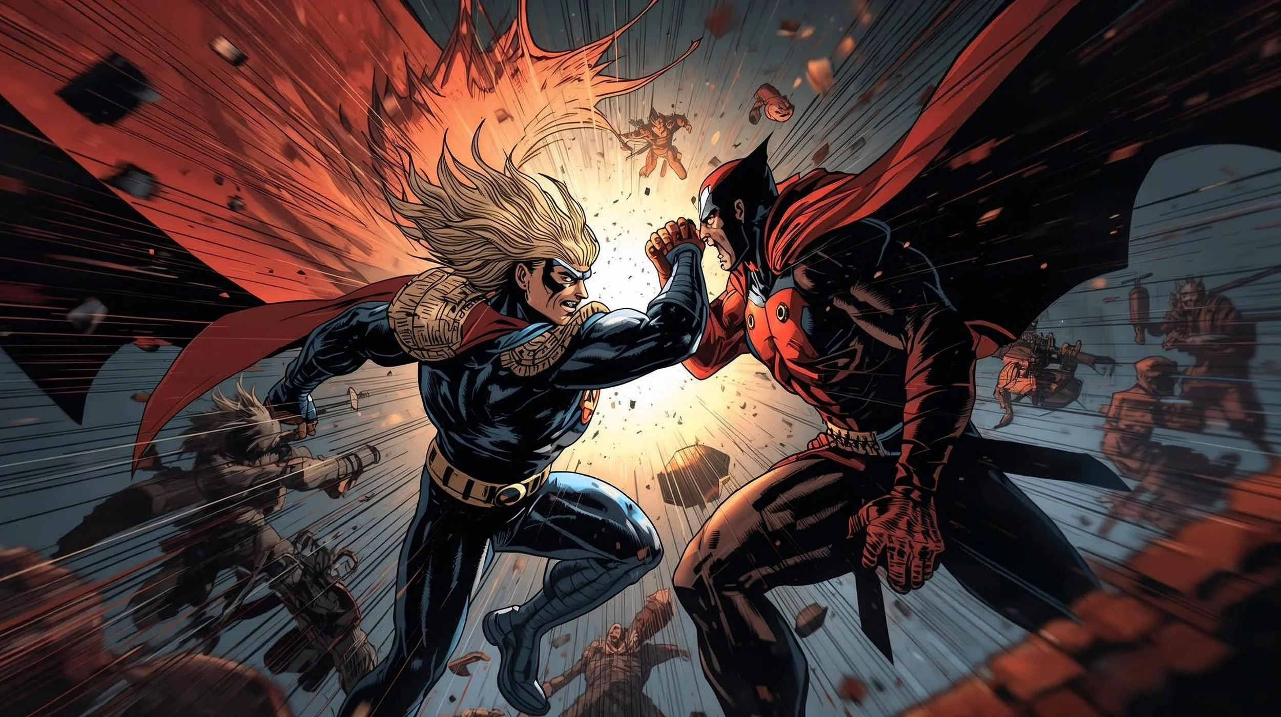 Two superheroes, Falcon and Redwing, engaged in a fierce battle, gripping each other's hands in a showdown amid explosions and debris.