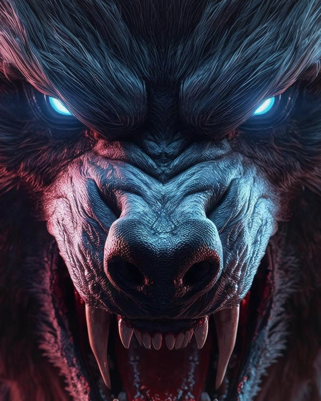 A close-up of a fierce, digitally rendered wolf with glowing blue eyes, sharp teeth, and detailed fur.